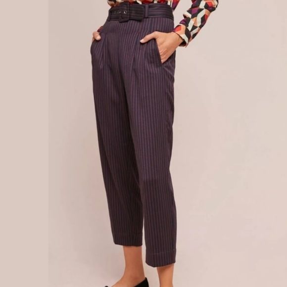 CARTONNIER | Anthro striped high waist pleated cropped belted trouser pants - Picture 9 of 10